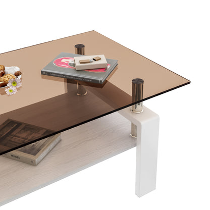 Modern Rectangular Coffee Table with Tempered Brown Glass Top and MDF Layer – Table for Living Room