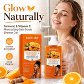 Barubt Turmeric & Vitamin C Moisturizing Skin Scrub Shower Gel shown with its orange box and pump bottle, alongside a woman in a bubble bath and orange slices on a white background with promotional text.