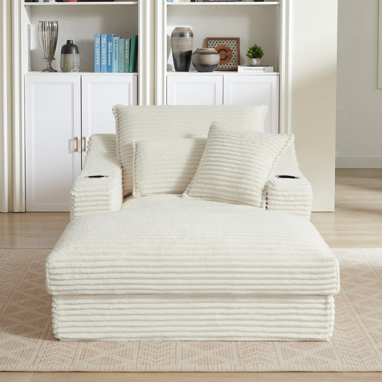 White textured chair with cushions in a room setting