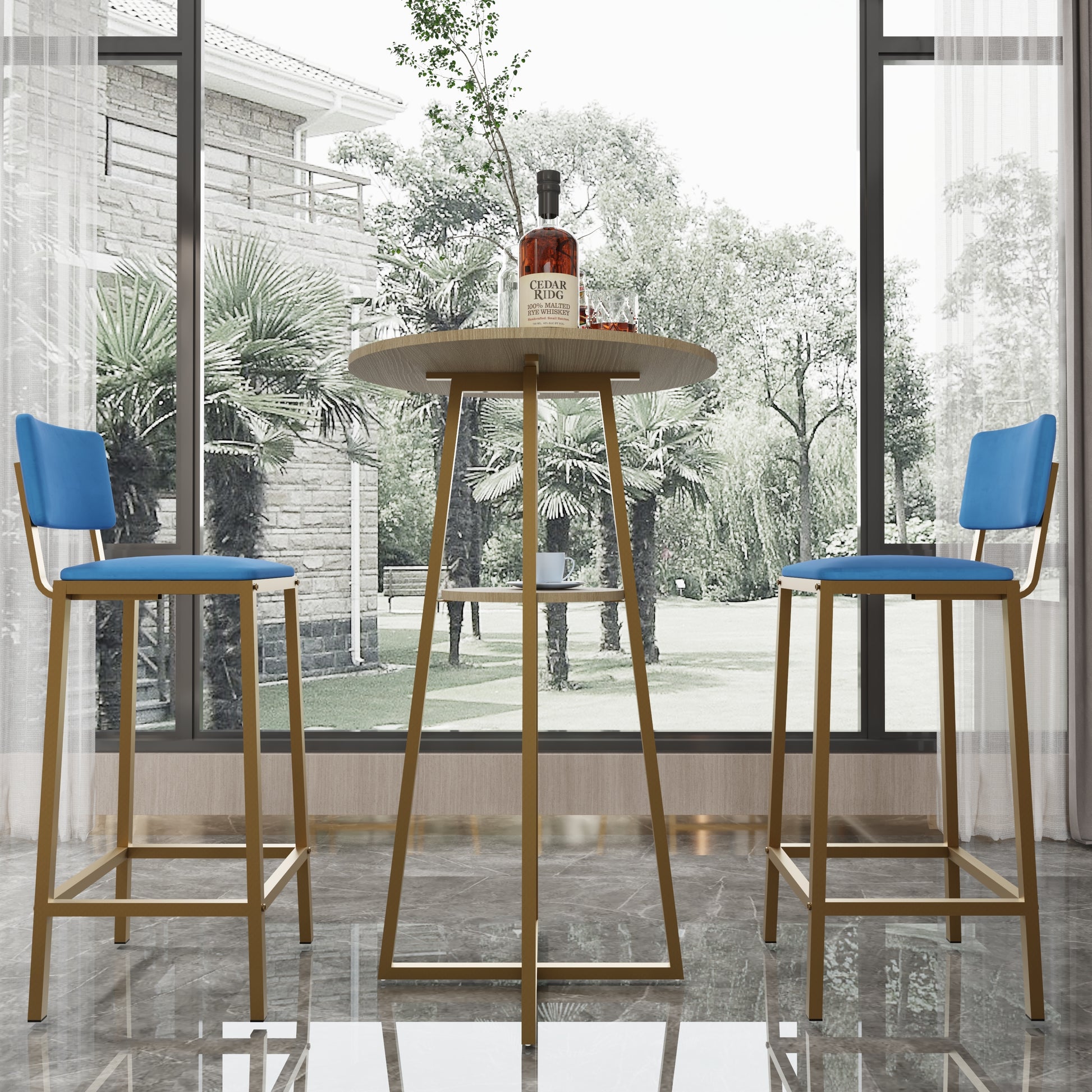 Stylish Bar Table and Chairs Set with gold frame and round wood tabletop, includes storage shelf and two blue upholstered bar stools.