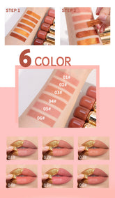 A cosmetic shade guide collage for a lip color product, showing six numbered lip swatches on a hand and on lipstick tubes, with text reading &