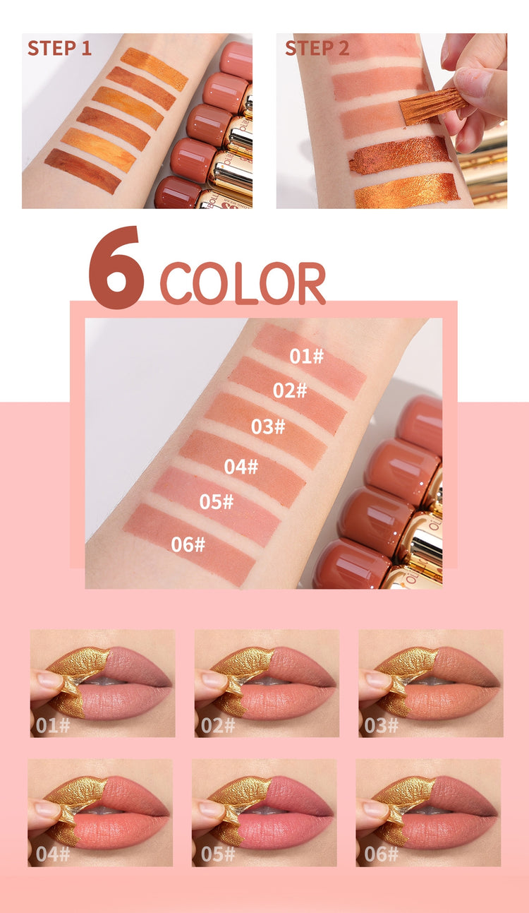 A cosmetic shade guide collage for a lip color product, showing six numbered lip swatches on a hand and on lipstick tubes, with text reading &