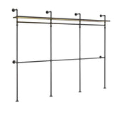 Black metal hanging rail wardrobe with LED lighting, wall-mounted, modern industrial design, supporting multiple garments