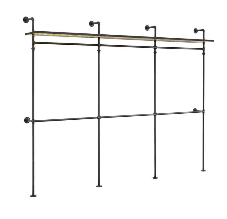 Black metal hanging rail wardrobe with LED lighting, wall-mounted, modern industrial design, supporting multiple garments