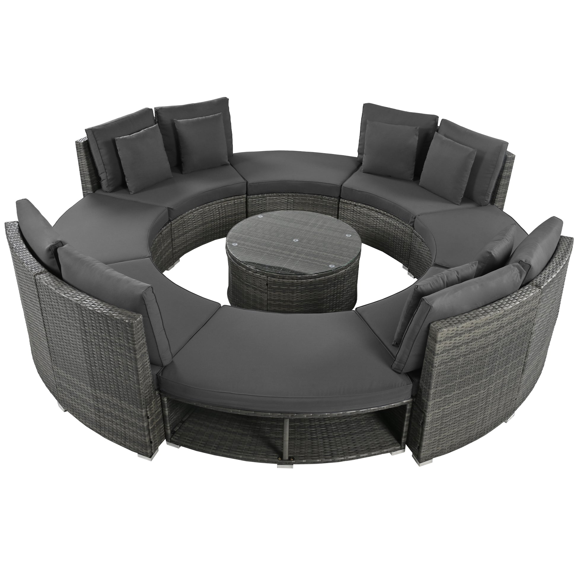 9-Piece Outdoor Patio Furniture Luxury Circular Outdoor Sofa Set Rattan Wicker Sectional Sofa Lounge Set with Tempered Glass Coffee Table MLNshops