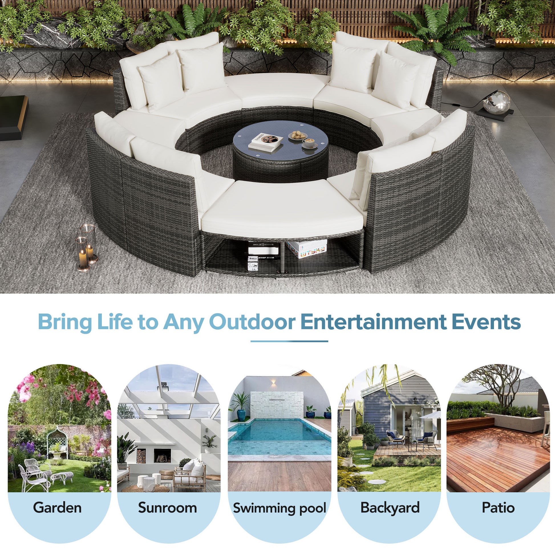 9-Piece Outdoor Patio Furniture Luxury Circular Outdoor Sofa Set Rattan Wicker Sectional Sofa Lounge Set with Tempered Glass Coffee Table MLNshops