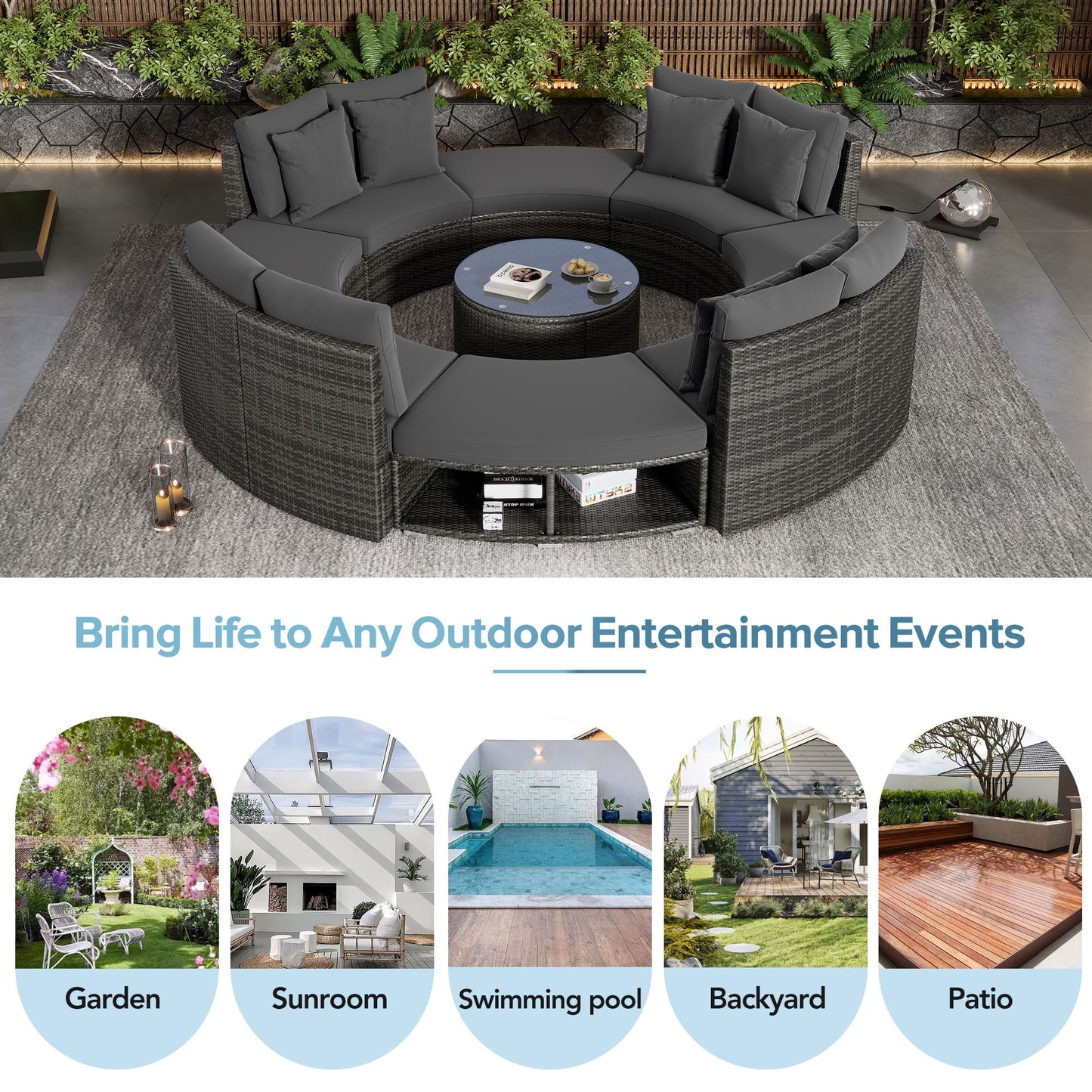 9-Piece Outdoor Patio Furniture Luxury Circular Outdoor Sofa Set Rattan Wicker Sectional Sofa Lounge Set with Tempered Glass Coffee Table MLNshops