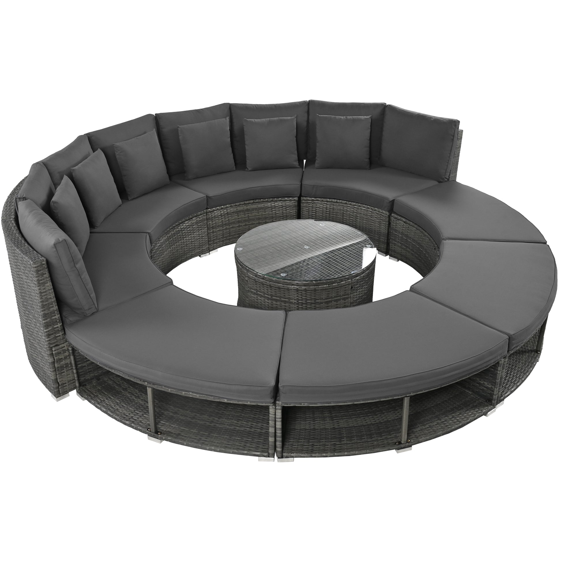 9-Piece Outdoor Patio Furniture Luxury Circular Outdoor Sofa Set Rattan Wicker Sectional Sofa Lounge Set with Tempered Glass Coffee Table MLNshops