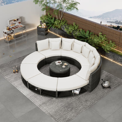 9-Piece Outdoor Patio Furniture Luxury Circular Outdoor Sofa Set Rattan Wicker Sectional Sofa Lounge Set with Tempered Glass Coffee Table MLNshops