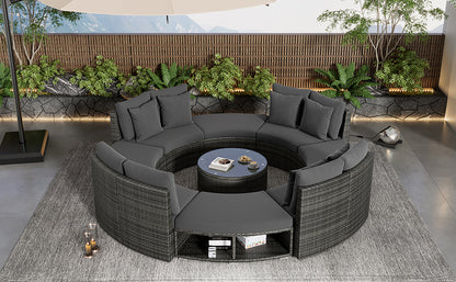 9-Piece Outdoor Patio Furniture Luxury Circular Outdoor Sofa Set Rattan Wicker Sectional Sofa Lounge Set with Tempered Glass Coffee Table MLNshops