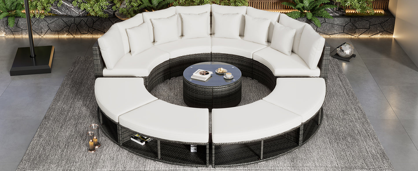 9-Piece Outdoor Patio Furniture Luxury Circular Outdoor Sofa Set Rattan Wicker Sectional Sofa Lounge Set with Tempered Glass Coffee Table MLNshops