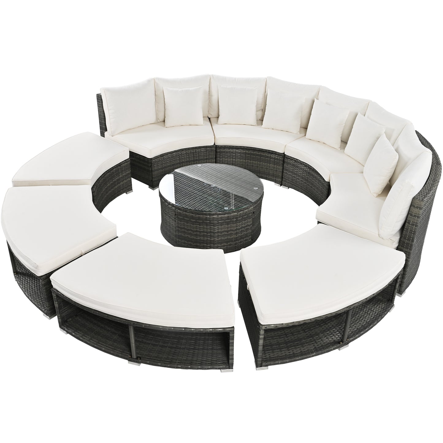 9-Piece Outdoor Patio Furniture Luxury Circular Outdoor Sofa Set Rattan Wicker Sectional Sofa Lounge Set with Tempered Glass Coffee Table MLNshops