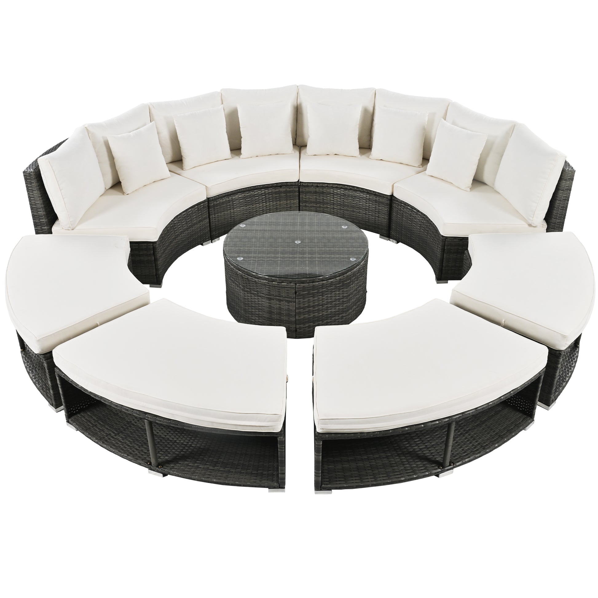 9-Piece Outdoor Patio Furniture Luxury Circular Outdoor Sofa Set Rattan Wicker Sectional Sofa Lounge Set with Tempered Glass Coffee Table MLNshops