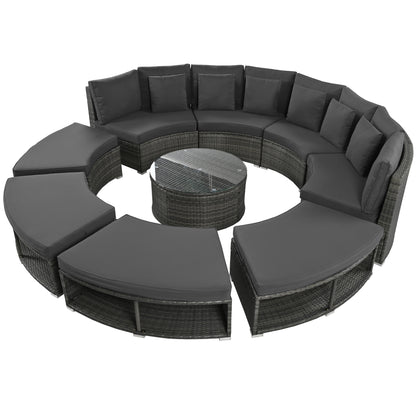 9-Piece Outdoor Patio Furniture Luxury Circular Outdoor Sofa Set Rattan Wicker Sectional Sofa Lounge Set with Tempered Glass Coffee Table MLNshops