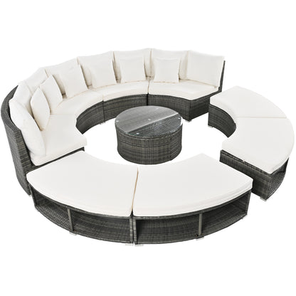 9-Piece Outdoor Patio Furniture Luxury Circular Outdoor Sofa Set Rattan Wicker Sectional Sofa Lounge Set with Tempered Glass Coffee Table MLNshops