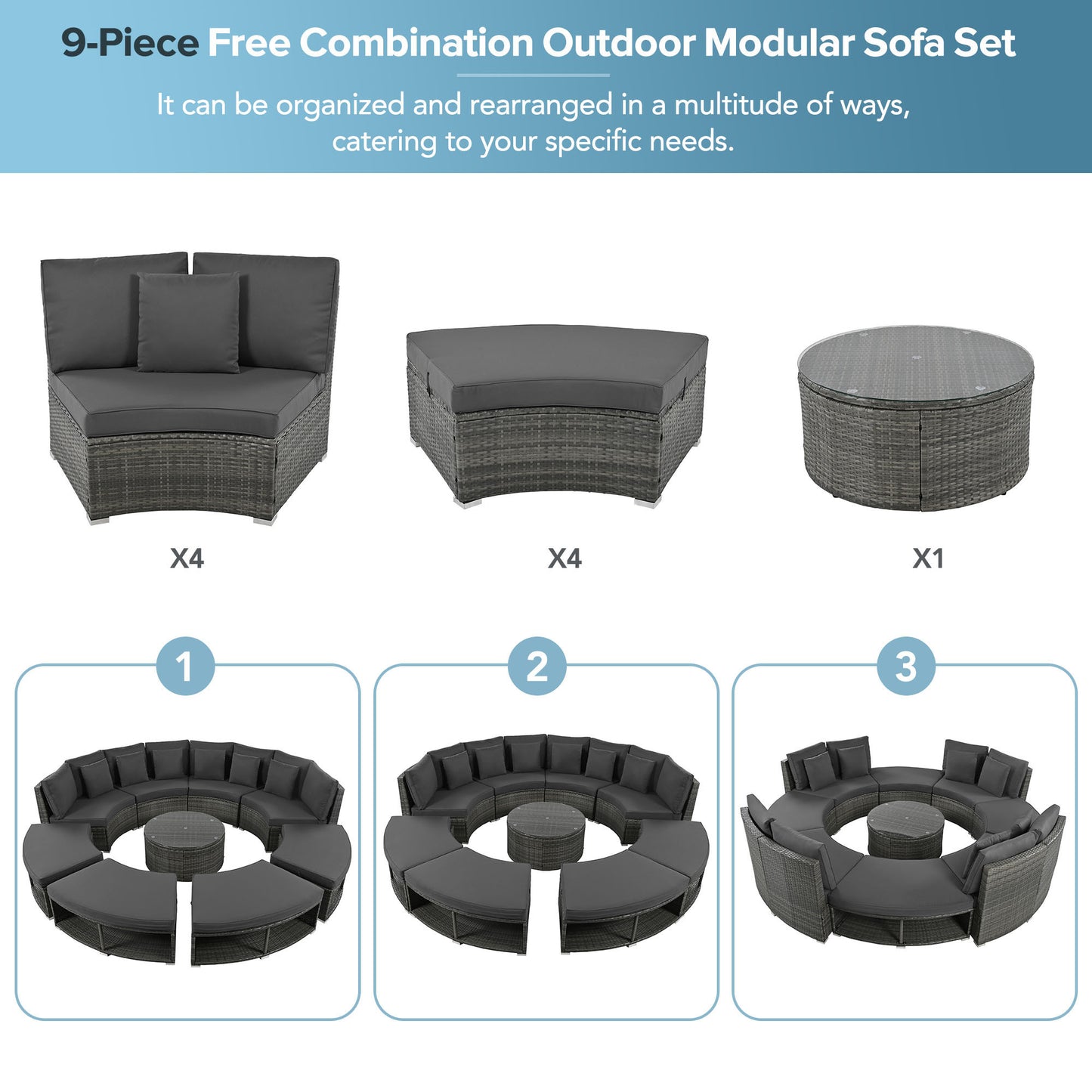 9-Piece Outdoor Patio Furniture Luxury Circular Outdoor Sofa Set Rattan Wicker Sectional Sofa Lounge Set with Tempered Glass Coffee Table MLNshops