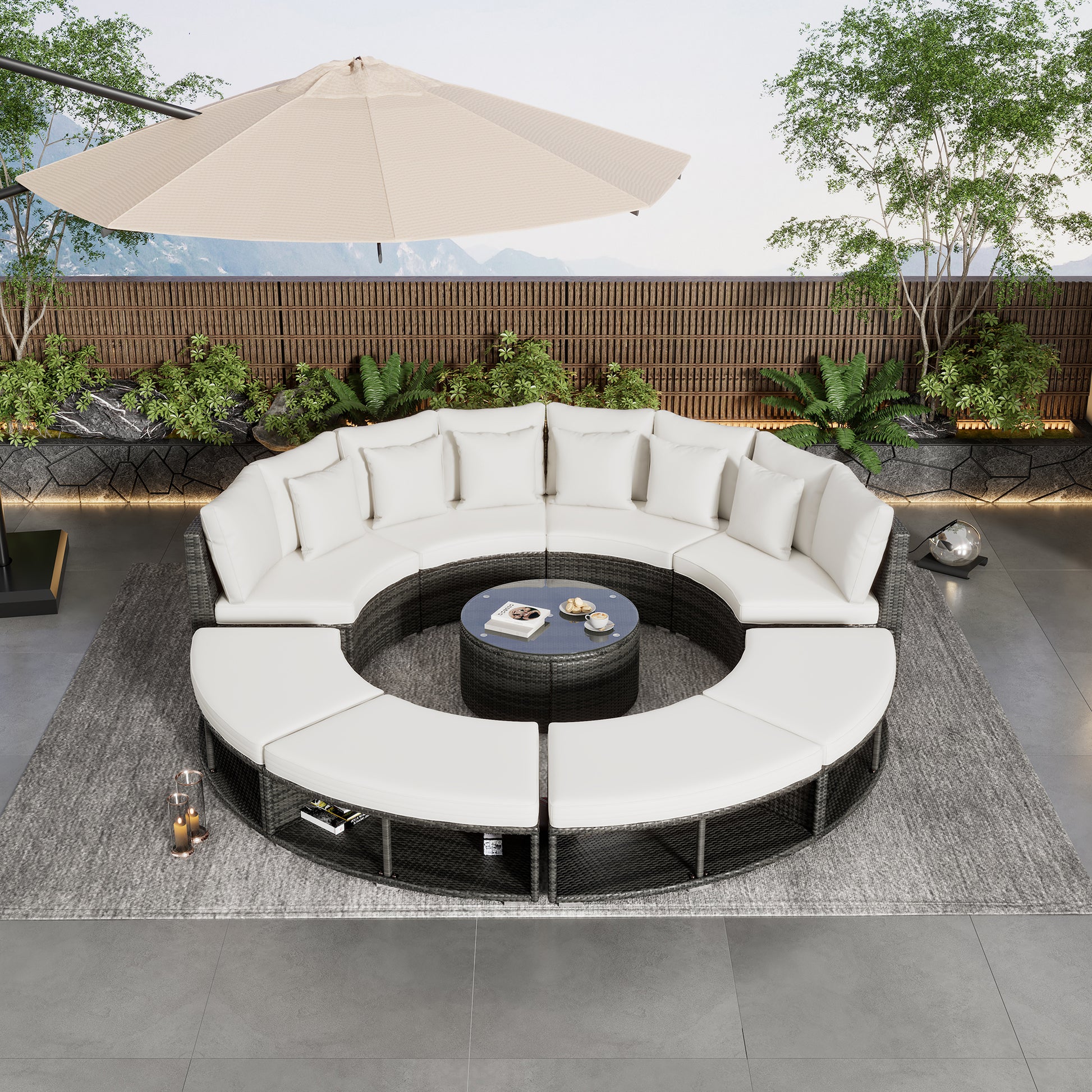 9-Piece Outdoor Patio Furniture Luxury Circular Outdoor Sofa Set Rattan Wicker Sectional Sofa Lounge Set with Tempered Glass Coffee Table MLNshops