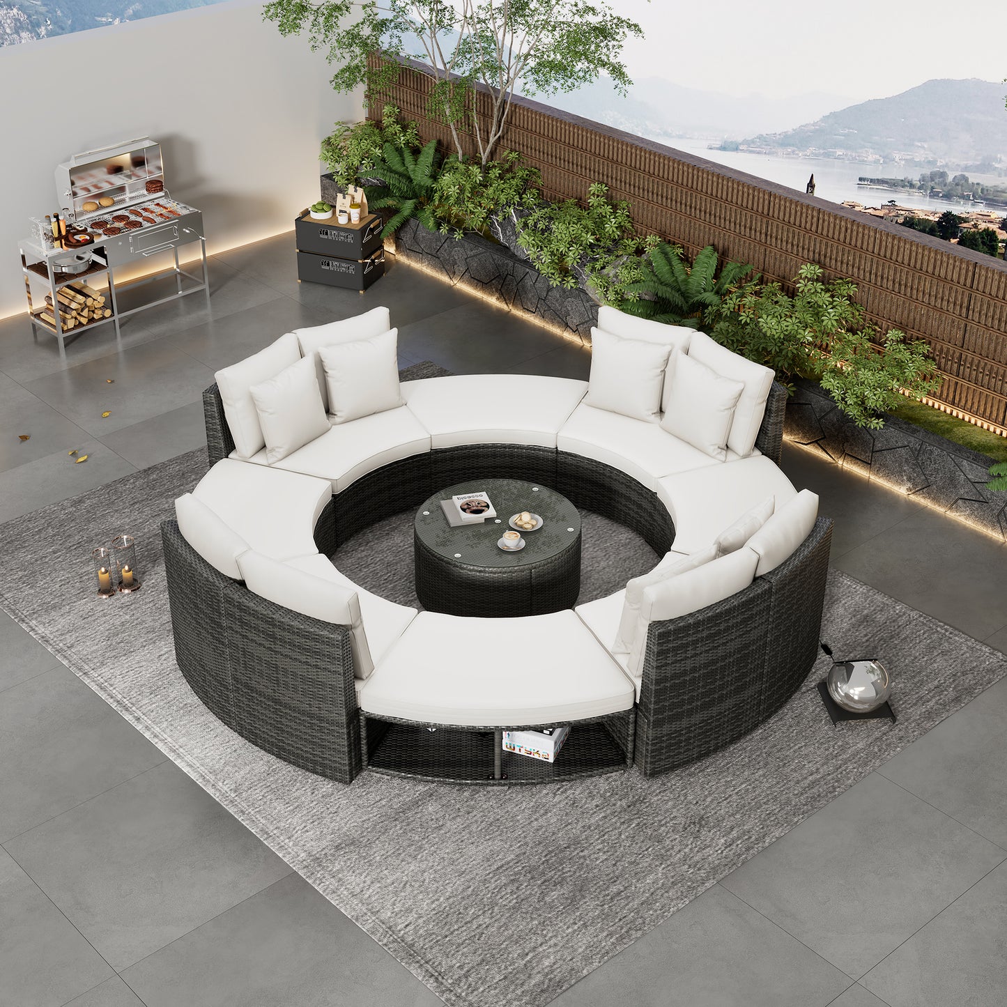 9-Piece Outdoor Patio Furniture Luxury Circular Outdoor Sofa Set Rattan Wicker Sectional Sofa Lounge Set with Tempered Glass Coffee Table MLNshops