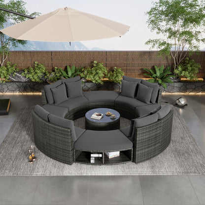 9-Piece Outdoor Patio Furniture Luxury Circular Outdoor Sofa Set Rattan Wicker Sectional Sofa Lounge Set with Tempered Glass Coffee Table MLNshops