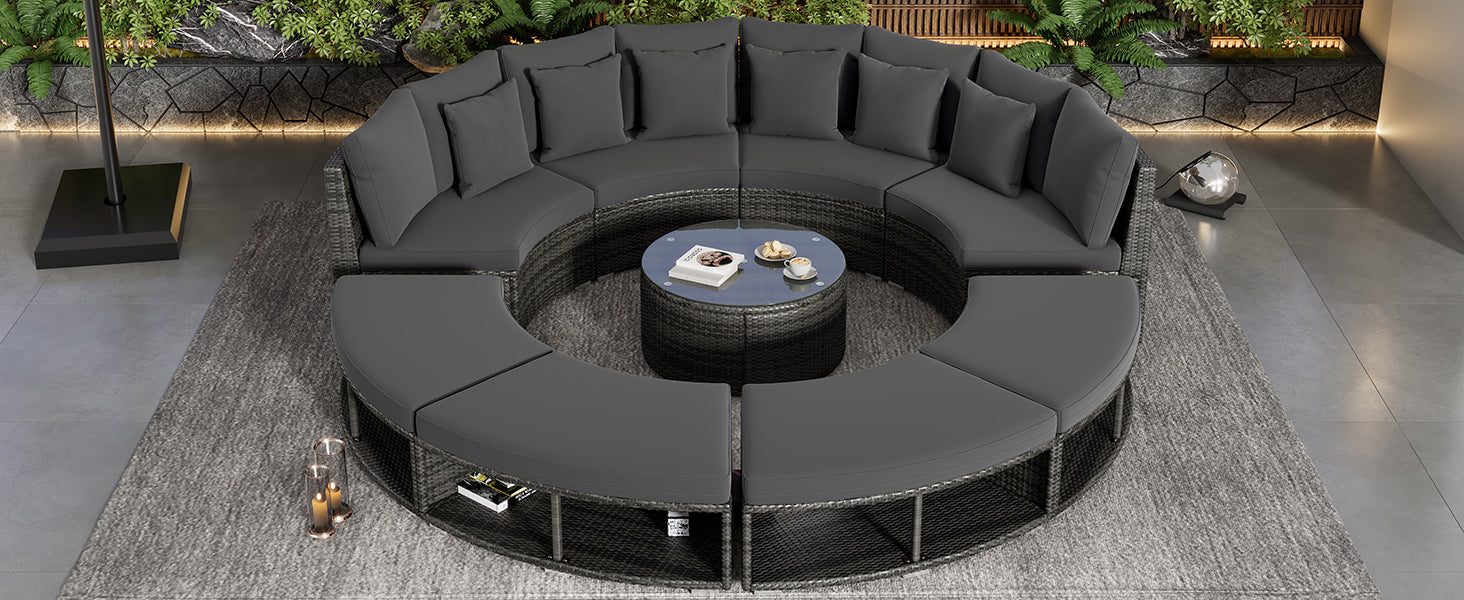 9-Piece Outdoor Patio Furniture Luxury Circular Outdoor Sofa Set Rattan Wicker Sectional Sofa Lounge Set with Tempered Glass Coffee Table MLNshops