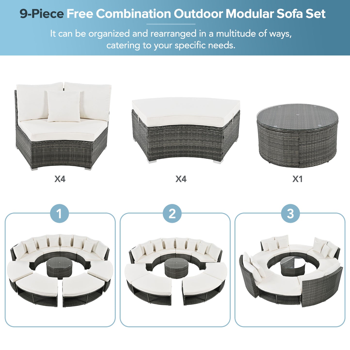 9-Piece Outdoor Patio Furniture Luxury Circular Outdoor Sofa Set Rattan Wicker Sectional Sofa Lounge Set with Tempered Glass Coffee Table MLNshops