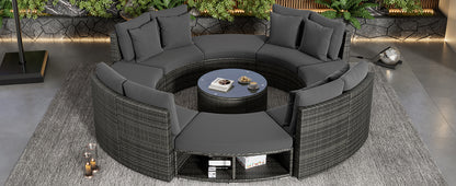 9-Piece Outdoor Patio Furniture Luxury Circular Outdoor Sofa Set Rattan Wicker Sectional Sofa Lounge Set with Tempered Glass Coffee Table MLNshops