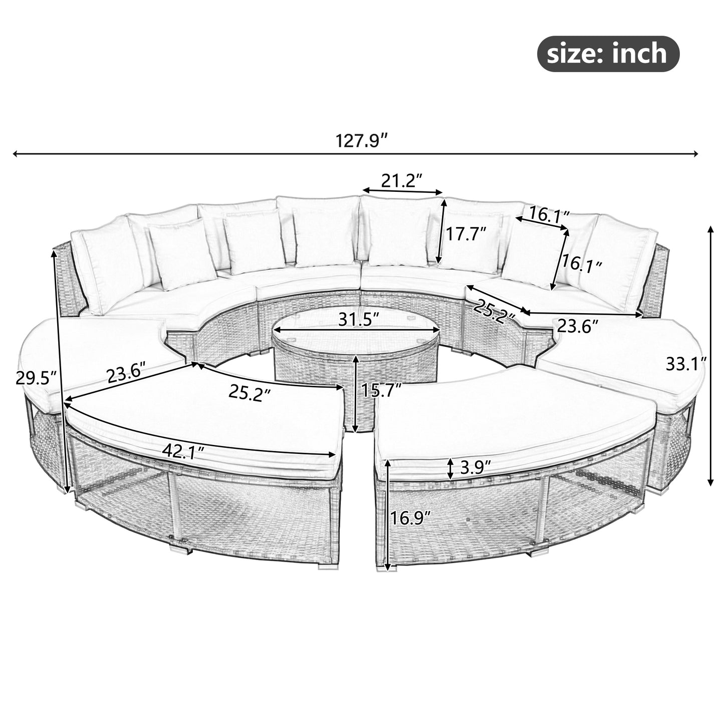 9-Piece Outdoor Patio Furniture Luxury Circular Outdoor Sofa Set Rattan Wicker Sectional Sofa Lounge Set with Tempered Glass Coffee Table MLNshops