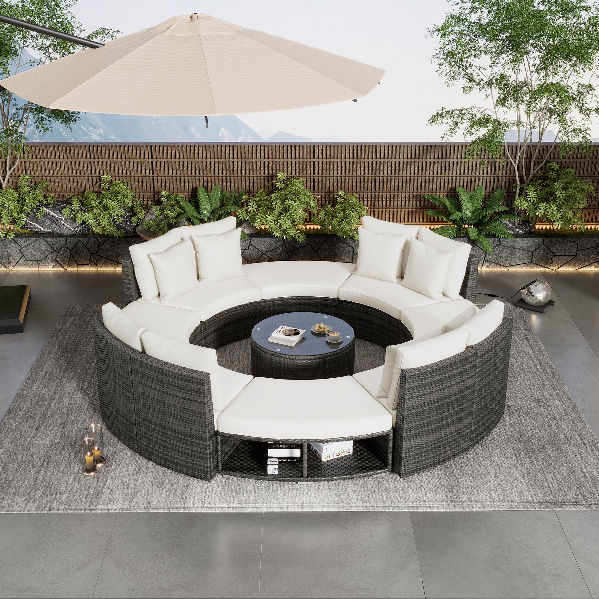 9-Piece Outdoor Patio Furniture Luxury Circular Outdoor Sofa Set Rattan Wicker Sectional Sofa Lounge Set with Tempered Glass Coffee Table MLNshops