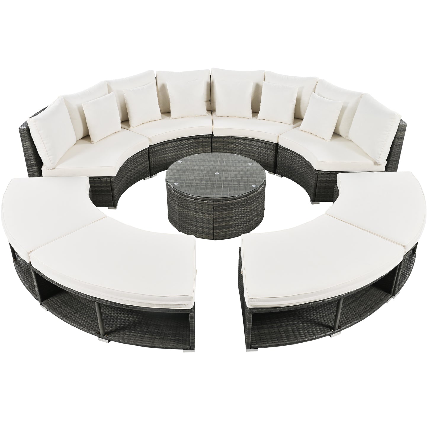 9-Piece Outdoor Patio Furniture Luxury Circular Outdoor Sofa Set Rattan Wicker Sectional Sofa Lounge Set with Tempered Glass Coffee Table MLNshops