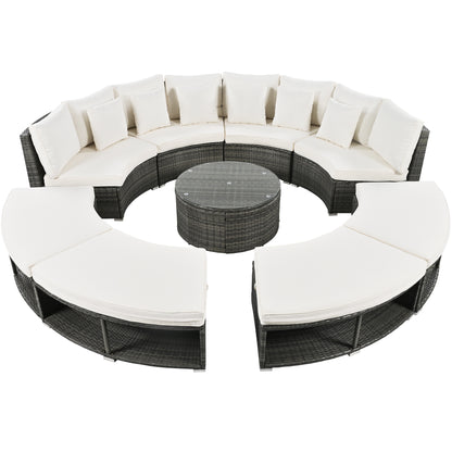 9-Piece Outdoor Patio Furniture Luxury Circular Outdoor Sofa Set Rattan Wicker Sectional Sofa Lounge Set with Tempered Glass Coffee Table MLNshops