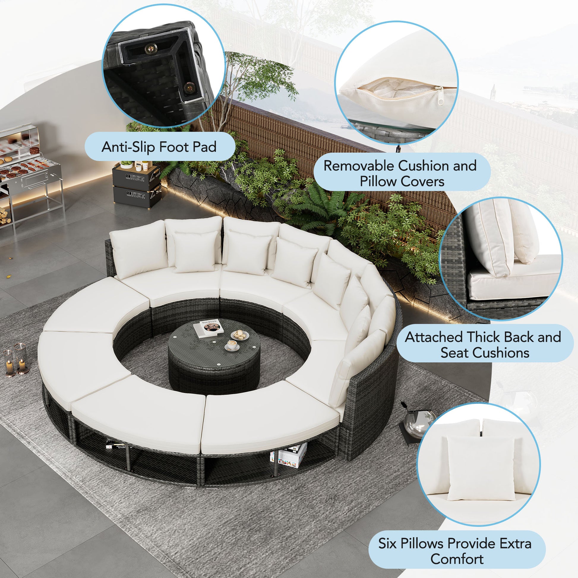 9-Piece Outdoor Patio Furniture Luxury Circular Outdoor Sofa Set Rattan Wicker Sectional Sofa Lounge Set with Tempered Glass Coffee Table MLNshops