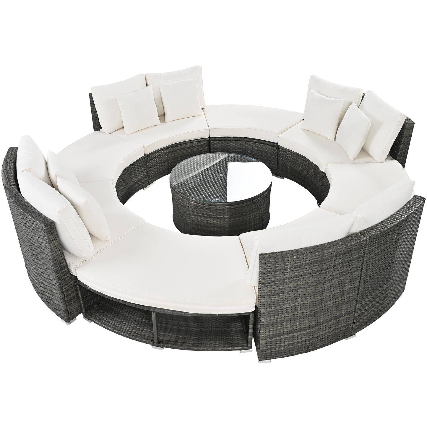 9-Piece Outdoor Patio Furniture Luxury Circular Outdoor Sofa Set Rattan Wicker Sectional Sofa Lounge Set with Tempered Glass Coffee Table MLNshops