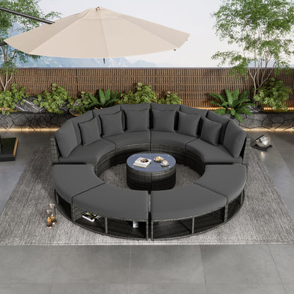 9-Piece Outdoor Patio Furniture Luxury Circular Outdoor Sofa Set Rattan Wicker Sectional Sofa Lounge Set with Tempered Glass Coffee Table MLNshops