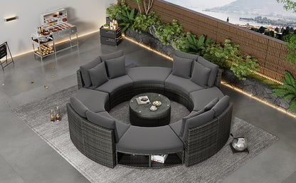 9-Piece Outdoor Patio Furniture Luxury Circular Outdoor Sofa Set Rattan Wicker Sectional Sofa Lounge Set with Tempered Glass Coffee Table MLNshops