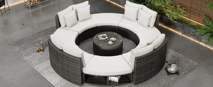 9-Piece Outdoor Patio Furniture Luxury Circular Outdoor Sofa Set Rattan Wicker Sectional Sofa Lounge Set with Tempered Glass Coffee Table MLNshops