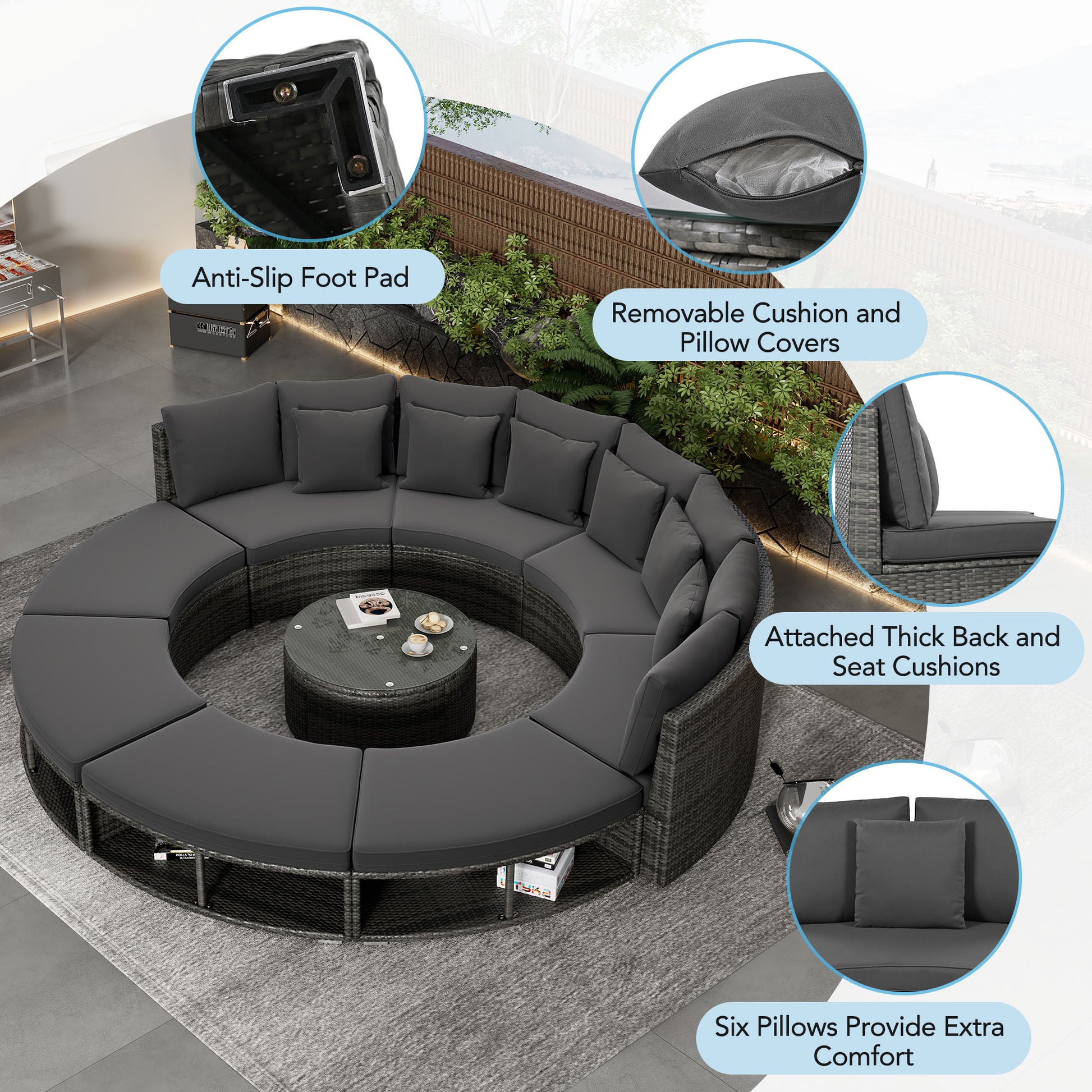 9-Piece Outdoor Patio Furniture Luxury Circular Outdoor Sofa Set Rattan Wicker Sectional Sofa Lounge Set with Tempered Glass Coffee Table MLNshops