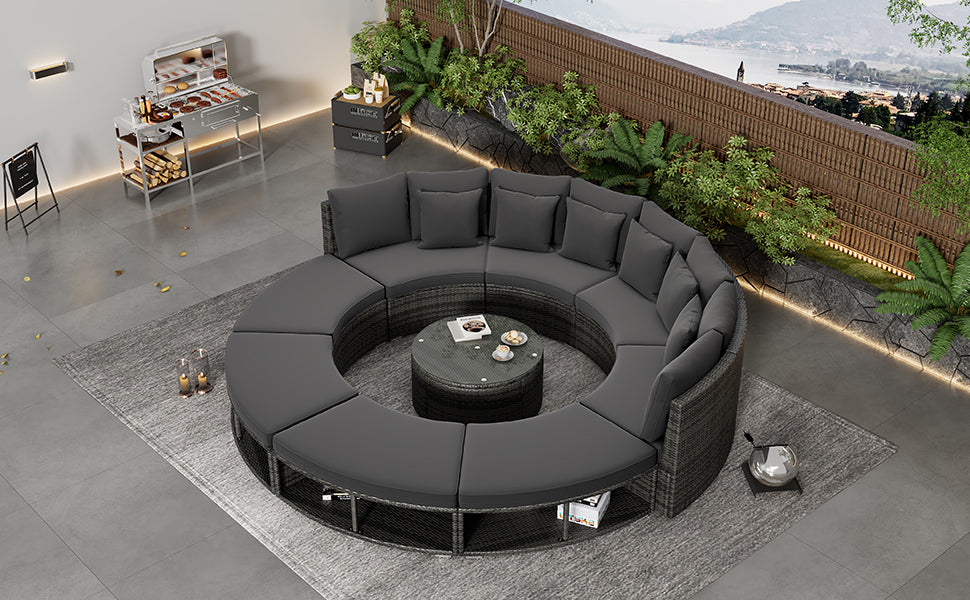 9-Piece Outdoor Patio Furniture Luxury Circular Outdoor Sofa Set Rattan Wicker Sectional Sofa Lounge Set with Tempered Glass Coffee Table MLNshops