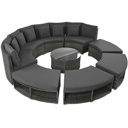 9-Piece Outdoor Patio Furniture Luxury Circular Outdoor Sofa Set Rattan Wicker Sectional Sofa Lounge Set with Tempered Glass Coffee Table MLNshops