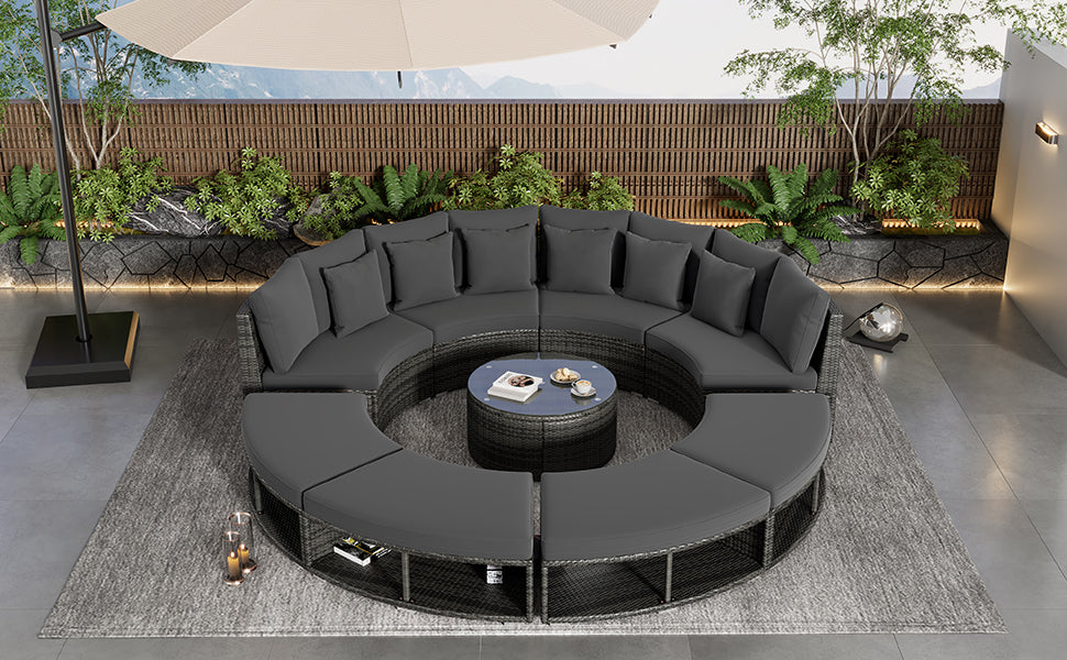 9-Piece Outdoor Patio Furniture Luxury Circular Outdoor Sofa Set Rattan Wicker Sectional Sofa Lounge Set with Tempered Glass Coffee Table MLNshops