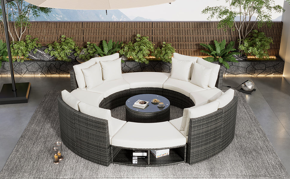 9-Piece Outdoor Patio Furniture Luxury Circular Outdoor Sofa Set Rattan Wicker Sectional Sofa Lounge Set with Tempered Glass Coffee Table MLNshops