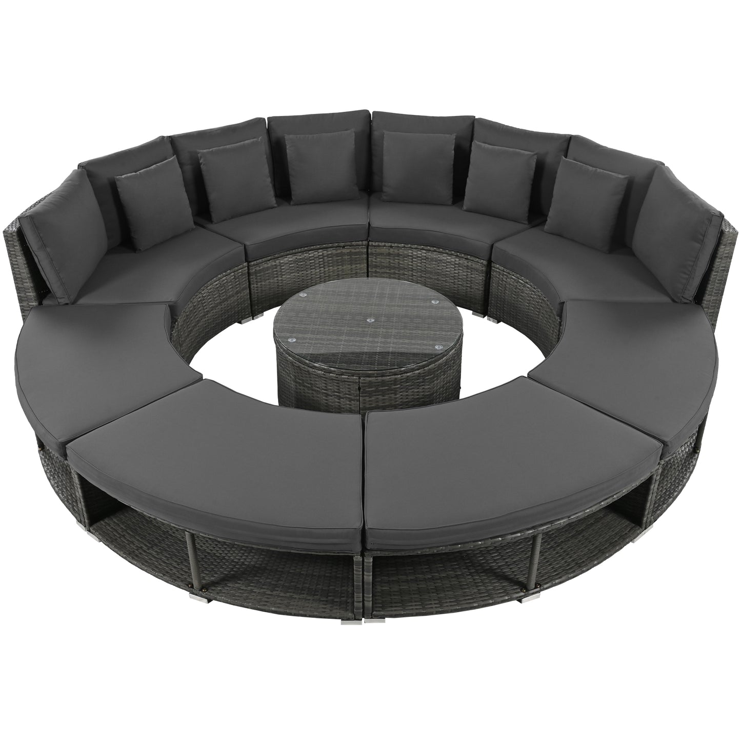 9-Piece Outdoor Patio Furniture Luxury Circular Outdoor Sofa Set Rattan Wicker Sectional Sofa Lounge Set with Tempered Glass Coffee Table MLNshops