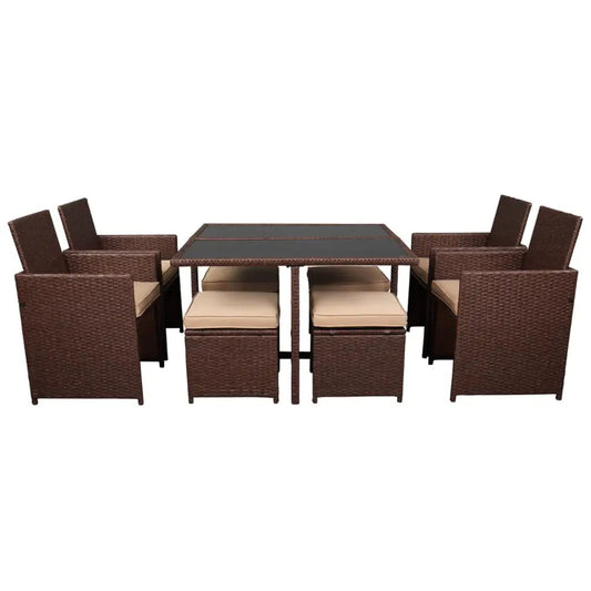 9 Pieces Wood Grain PE Wicker Rattan Dining Ottoman with Tempered Glass Table Patio Furniture Set MLNshops