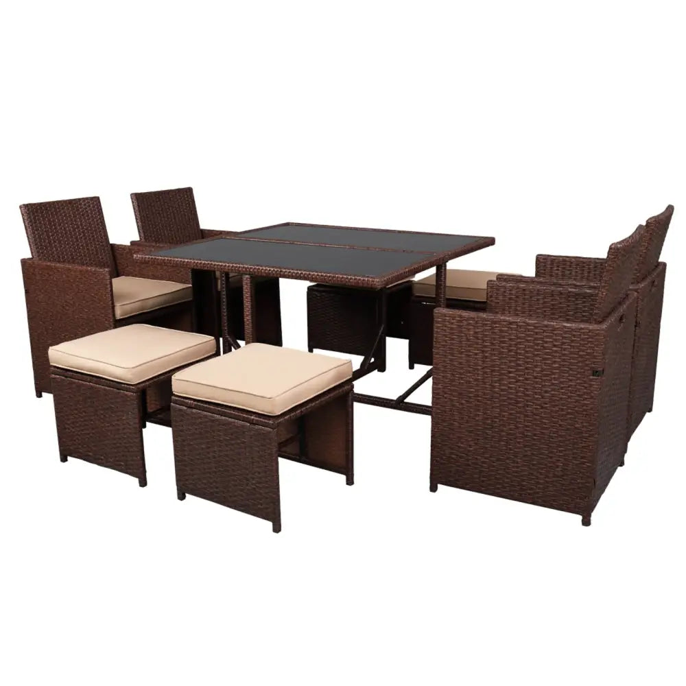 9 Pieces Wood Grain PE Wicker Rattan Dining Ottoman with Tempered Glass Table Patio Furniture Set MLNshops]