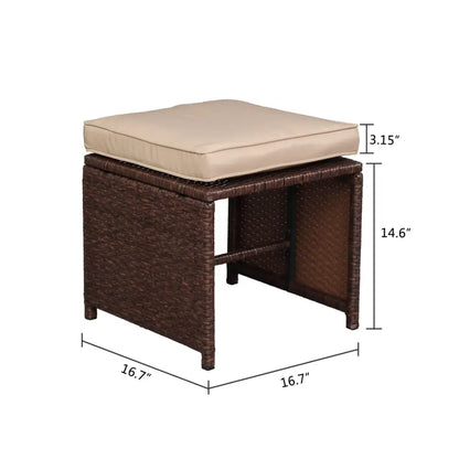 9 Pieces Wood Grain PE Wicker Rattan Dining Ottoman with Tempered Glass Table Patio Furniture Set MLNshops]