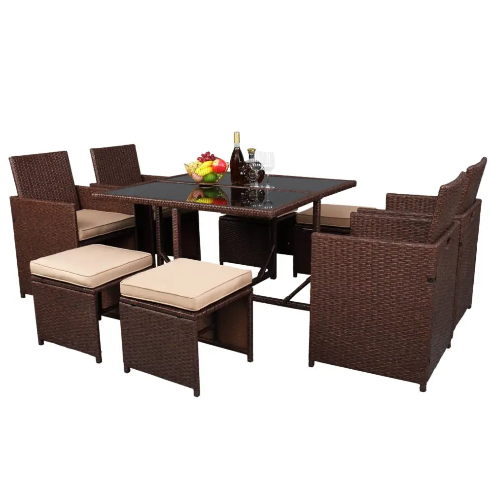 9 Pieces Wood Grain PE Wicker Rattan Dining Ottoman with Tempered Glass Table Patio Furniture Set MLNshops]