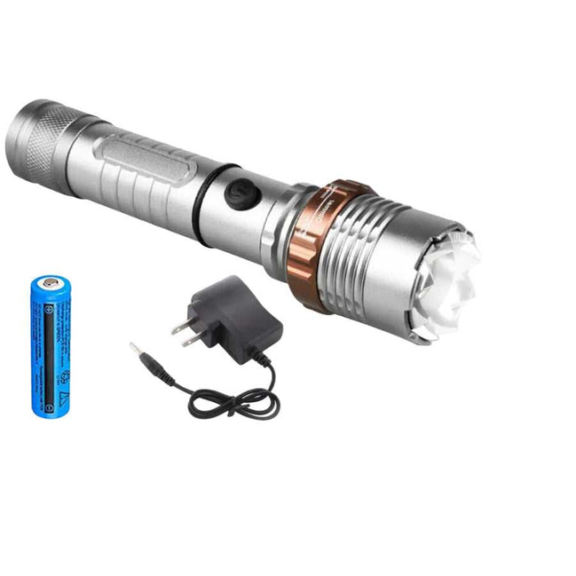 Rechargeable LED flashlight with zoomable focus, battery, and charger included for hiking and camping. Durable handheld torch with 5 lighting modes.