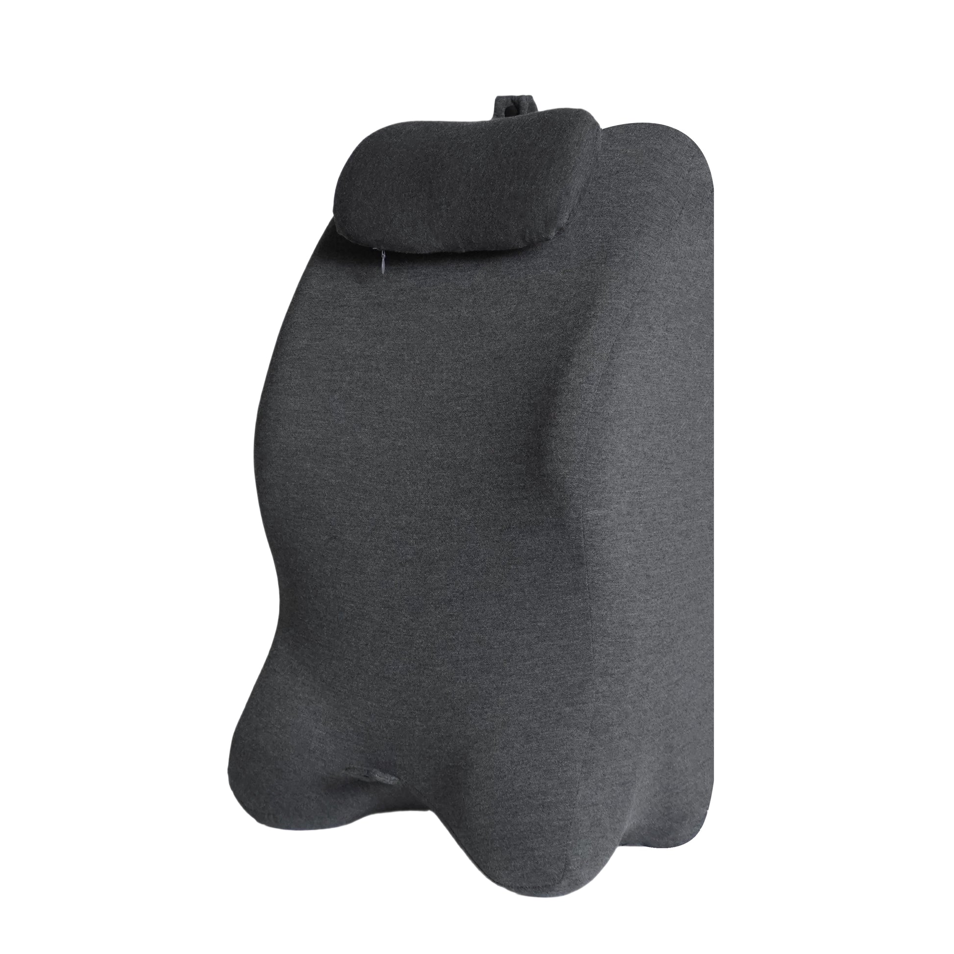 Ergonomic Memory Foam Bed Pillow for Spinal Support with contoured lumbar design in dark grey cover. Ideal for back care and posture correction.