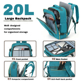 Teal backpack with compartments and features highlighted, including front pocket, main pocket, computer compartment, and anti-theft back pocket.