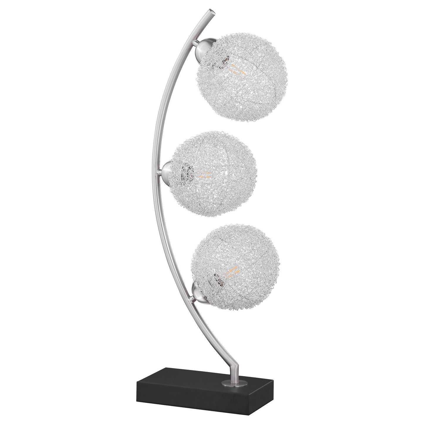 Elegant black metal table lamp with three textured globe shades and a modern arched design, perfect for home or office lighting