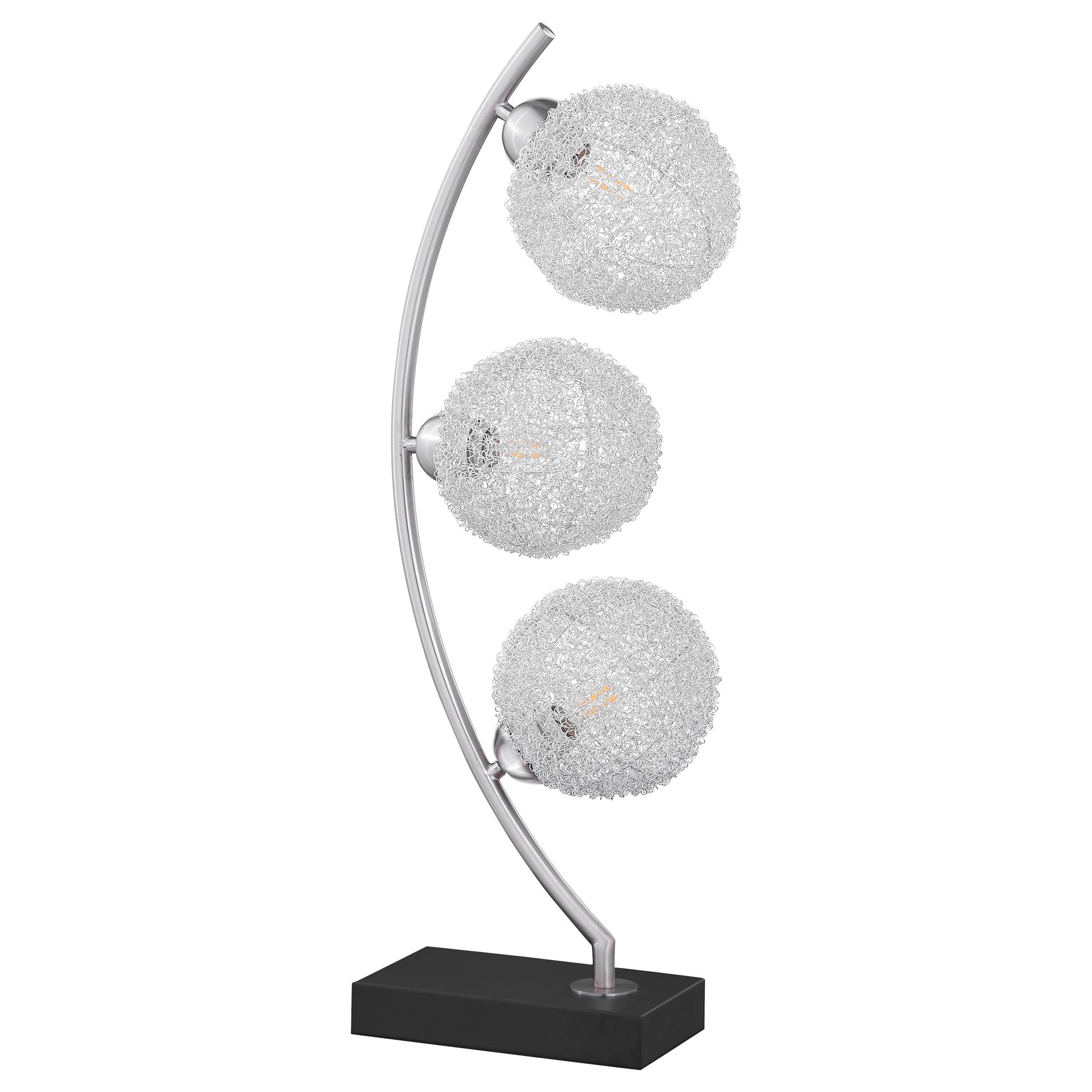 Elegant black metal table lamp with three textured globe shades and a modern arched design, perfect for home or office lighting